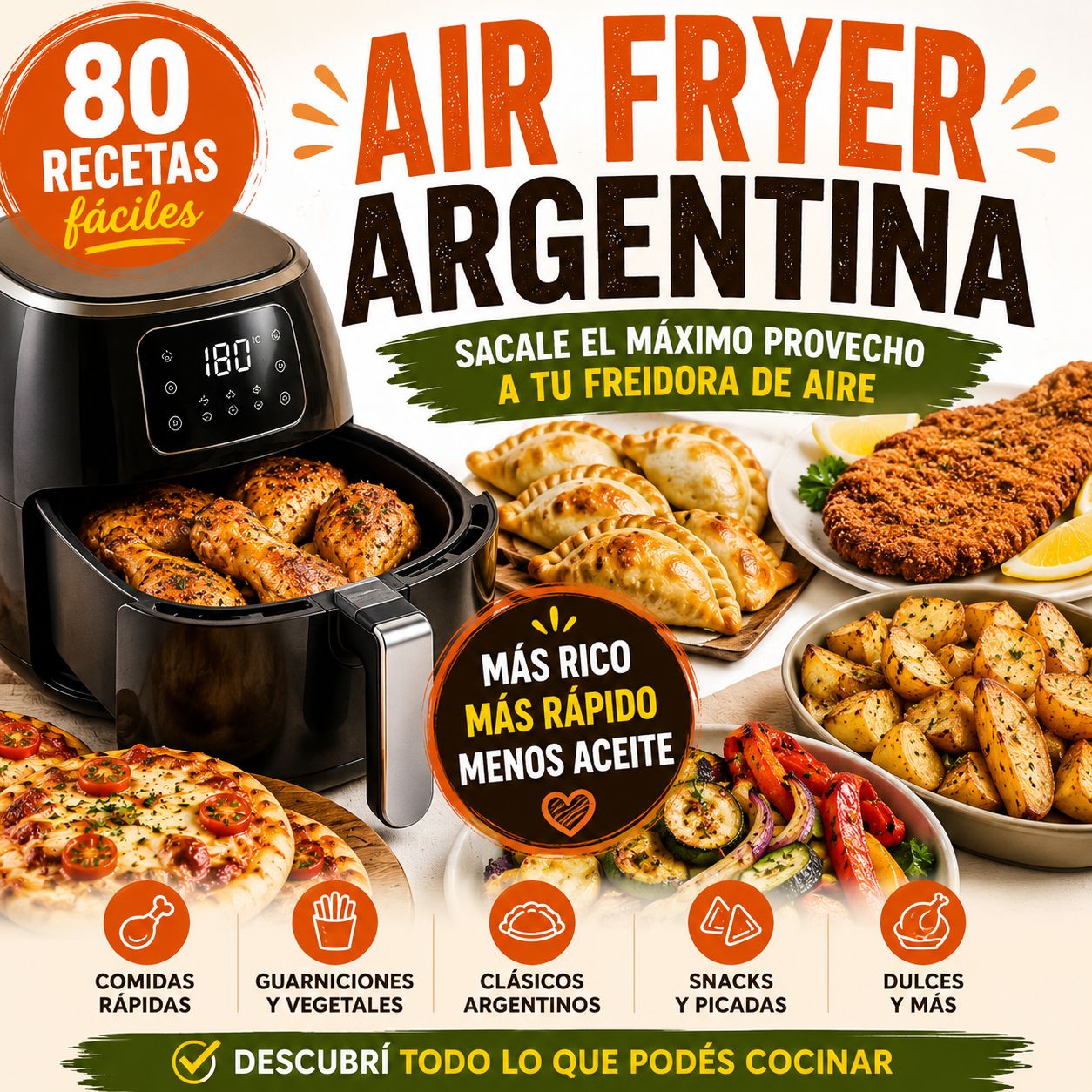 "80 Recetas Argentinas para sacarle todo el provecho a tu freidora" + Guia de limpieza y cuidado para que te dure años